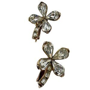 Trifari Vtg Earrings Phillippe Flower Clover Clear Rhinestone Clip on Signed